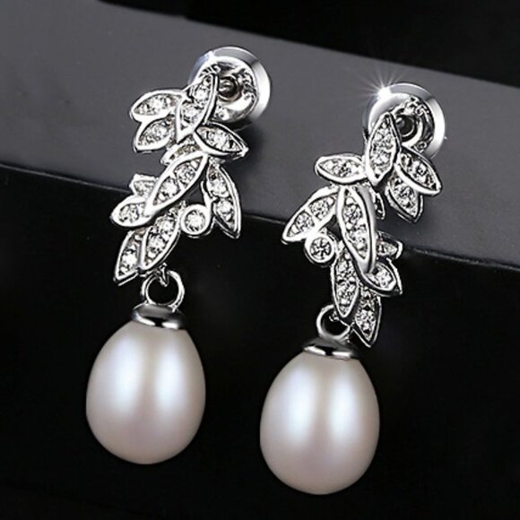 Leaf Design Sterling Silver Zircon Pearl Earrings - Picture 1 of 3